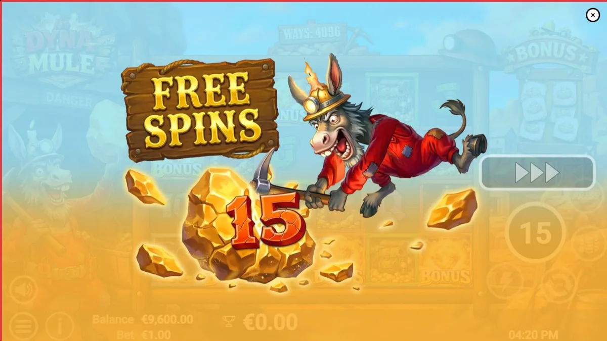 Tampilan visual slot Dyna Mule dengan tema pertambangan dan simbol mekanis.