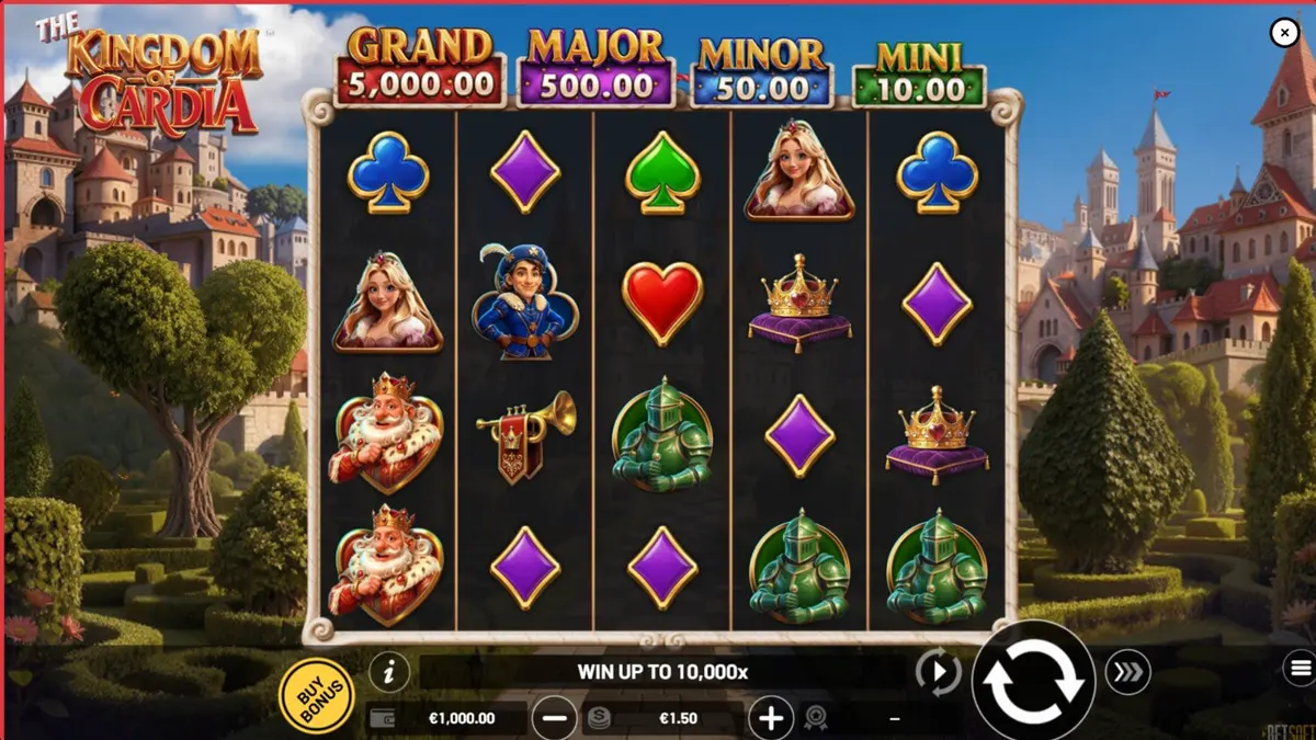 Pemandangan taman ajaib dan simbol kartu dalam slot The Kingdom of Cardia