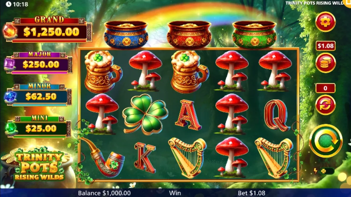 Tampilan visual slot Trinity Pots Rising Wilds dengan tema keberuntungan Irlandia
